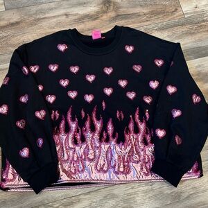 Queen Of Sparkles Black Sweatshirt with Pink Sequin Hearts & Flames